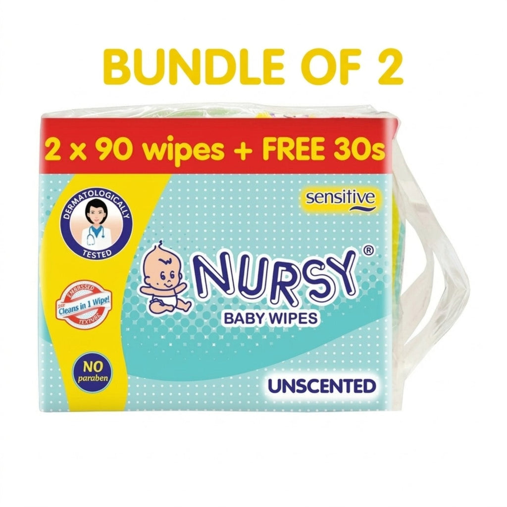 BUNDLE OF 2 or 8 - Nursy Baby Wipes Unscented 90s x 2 + 1 Free 30 wipes