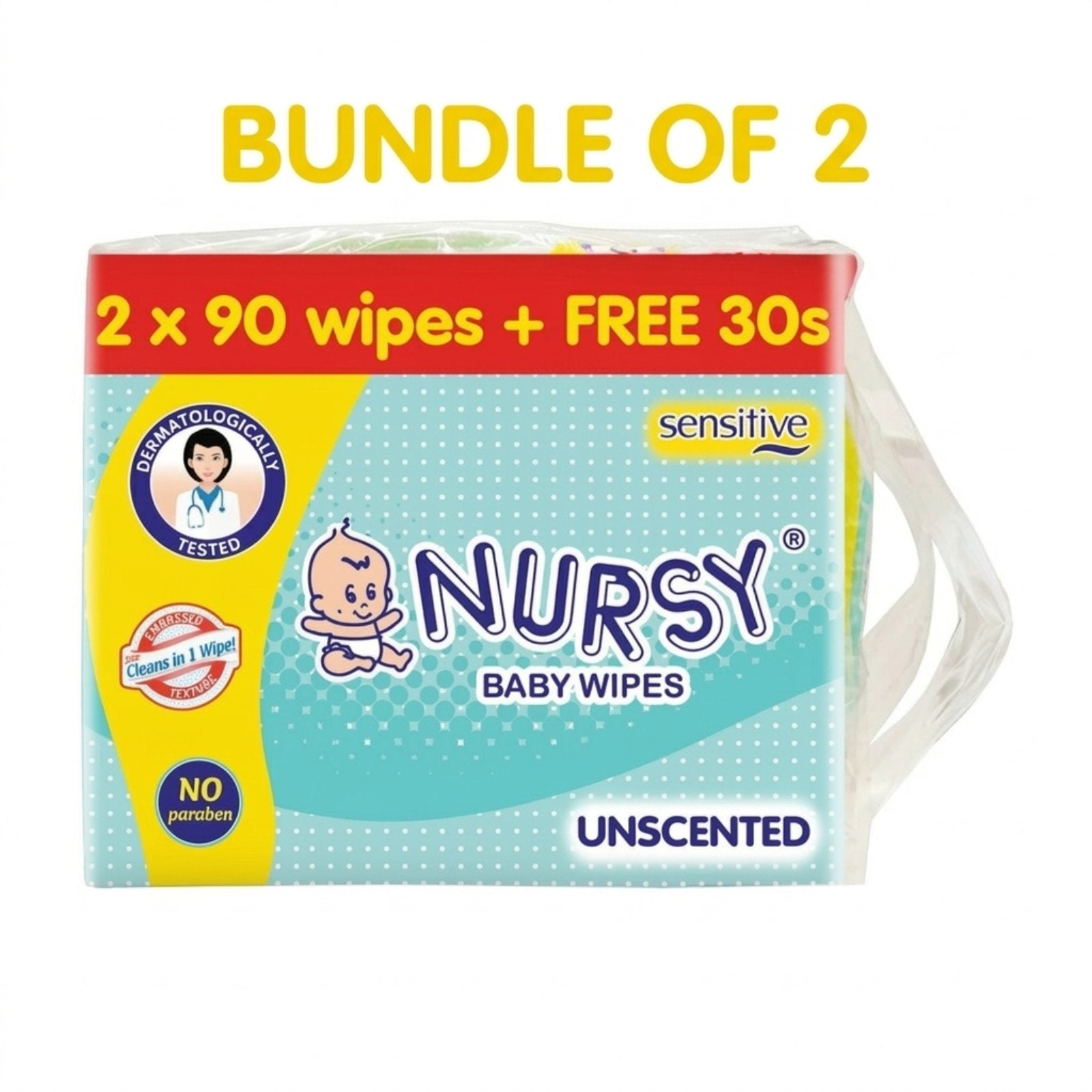 BUNDLE OF 2 or 8 - Nursy Baby Wipes Unscented 90s x 2 + 1 Free 30 wipes