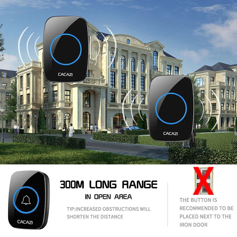 CACAZI Wireless Doorbell Waterproof - Black (2 Button / 2 Receiver)
