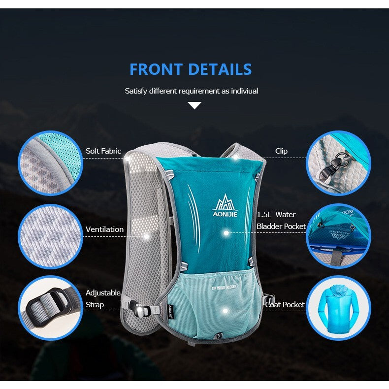 Aonijie BLUE Hydration Backpack Running Vest 5 Liter (vest only - flask, bladder or bottles are sold seperately)