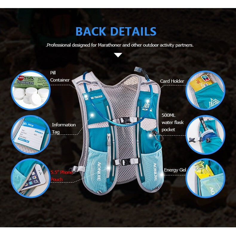 Aonijie BLUE Hydration Backpack Running Vest 5 Liter (vest only - flask, bladder or bottles are sold seperately)