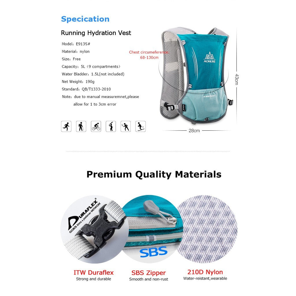 Aonijie MINT GREEN Hydration Backpack Running Vest 5L (vest only - flask, bladder or bottles are sold seperately)