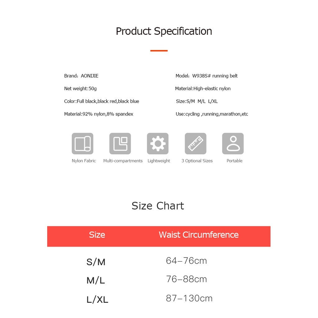 Aonijie Slim Waist Belt with 250ml Soft Flask - BLACK L/XL