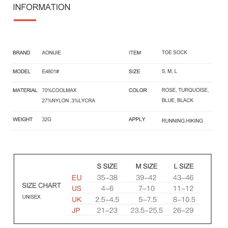 Aonijie COOL MAX TOE SOCKS 3 pairs Model no. E4802 - MEDIUM