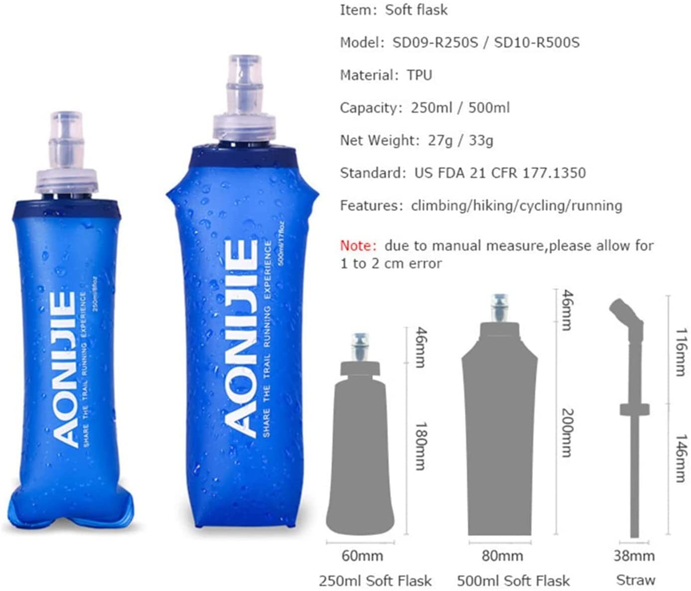 Aonijie Soft Flask Folding Water Bottle TPU 250ml ... Great for running, marathon, triathlon, ultras and endurance sports