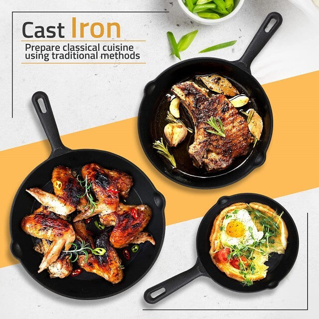 Happiness CAST IRON SET - 3 pans with 2 glass lids - Pre Seasoned