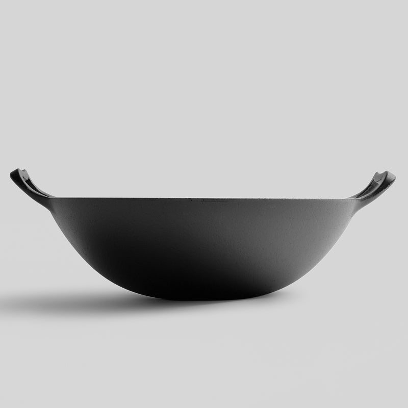 Happiness CAST IRON WOK 36cm x 10cm - Pre Seasoned Wok with Glass Lid