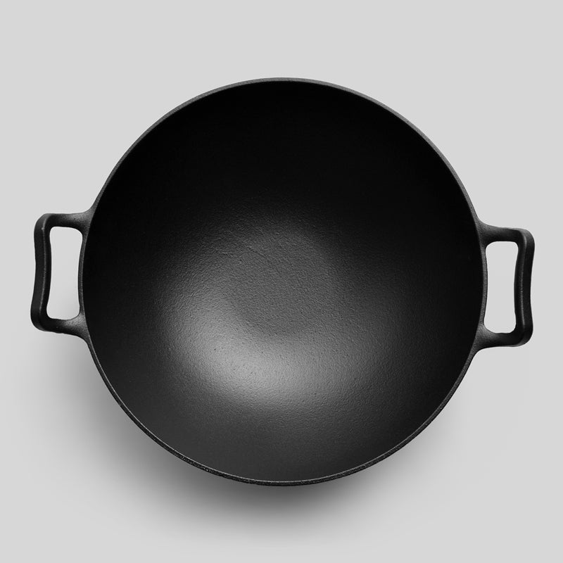 Happiness CAST IRON WOK 36cm x 10cm - Pre Seasoned Wok with Glass Lid