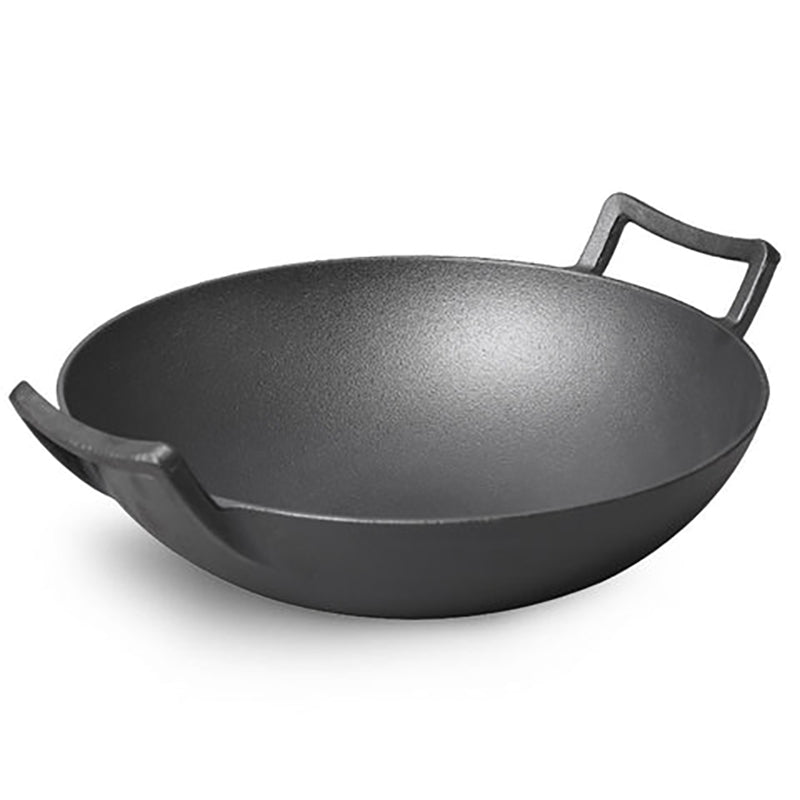 Happiness CAST IRON WOK 36cm x 10cm - Pre Seasoned Wok with Glass Lid