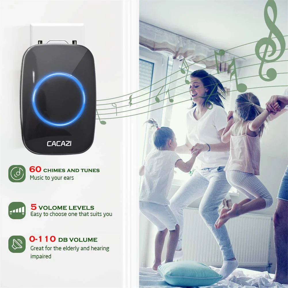 CACAZI Wireless Doorbell Waterproof - Black (1 Button / 1 Receiver)