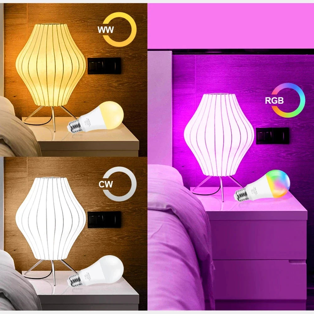Tuya Bluetooth 5.0 Smart Light Bulb 9W E27 Wireless Smart Life APP Control Dimming RGB+CW+WW LED Color Changing Light Support Bluetooth Remote Control