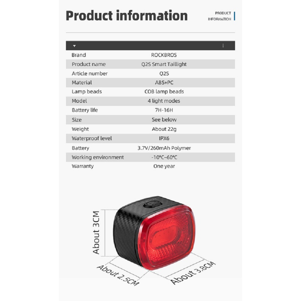 Rockbros - BICYCLE Q2S Smart IPX6 Waterproof TAIL LIGHT LED USB Rechargeable - RED