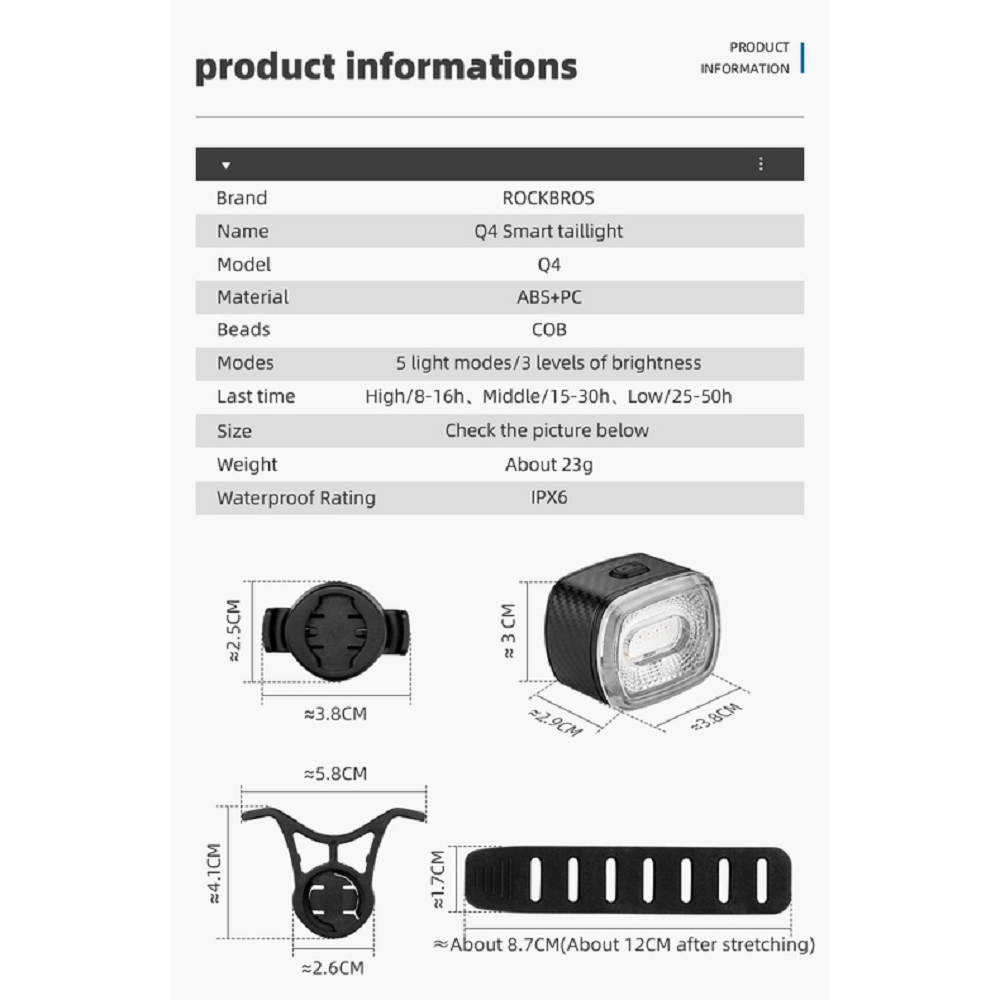 ROCKBROS BICYCLE - Smart TAIL LED LIGHT  USB Rechargeable Waterproof - 5 Light Modes