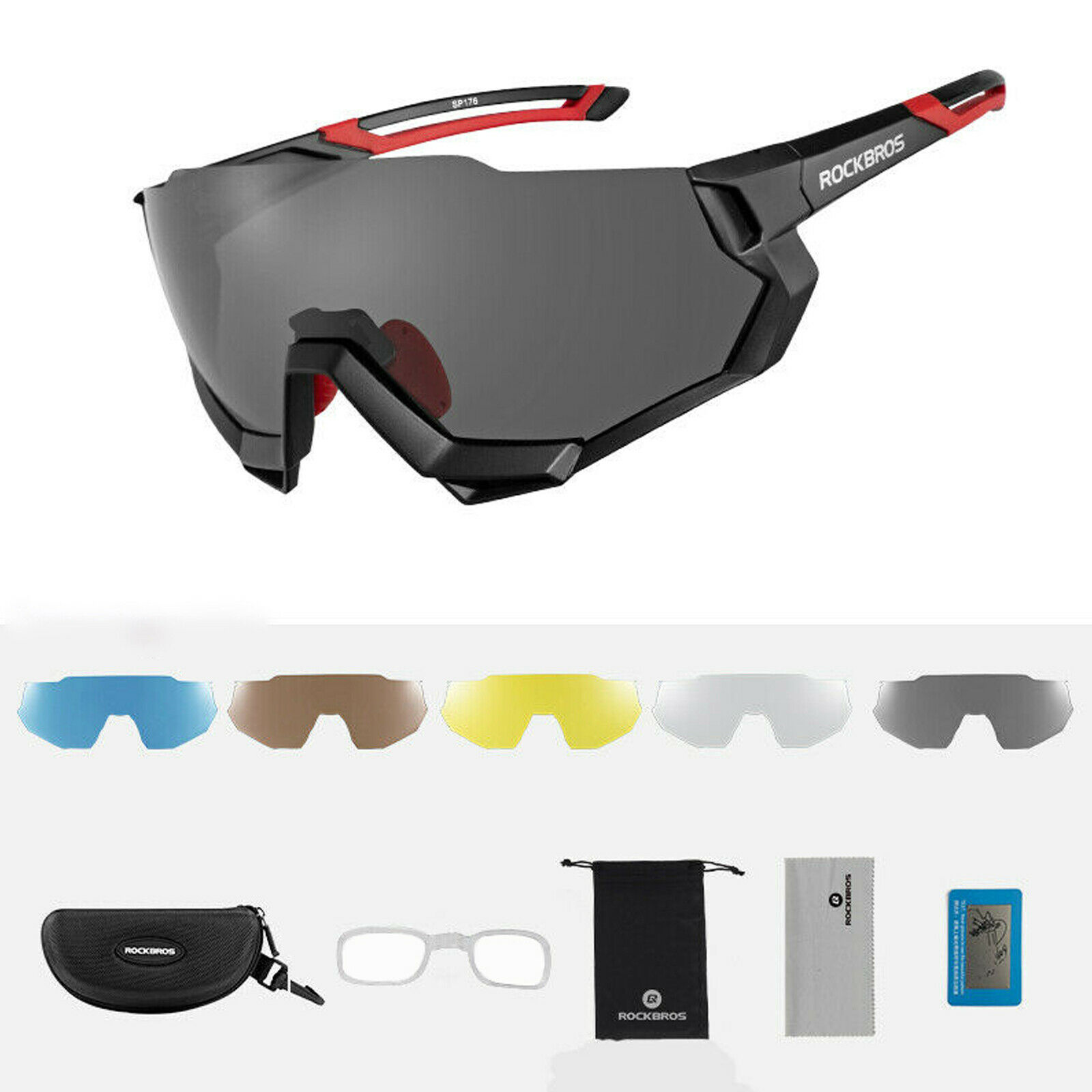 Rockbros - CYCLING/SPORTS POLARIZED GLASSES with  5 Interchangeable Lenses - BLACK/RED