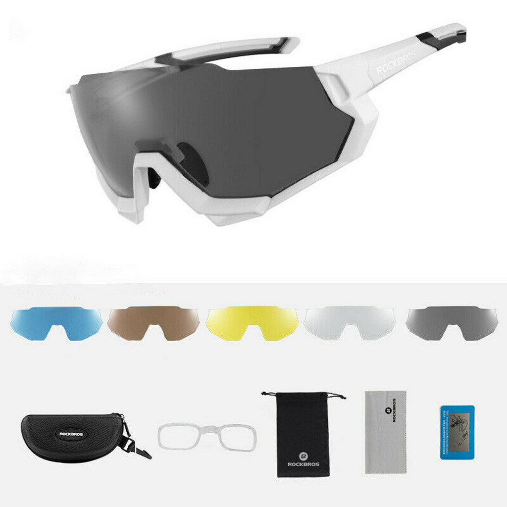 Rockbros CYCLING SPORTS GLASSES Polarized with 5 Interchangeable Lenses - WHITE
