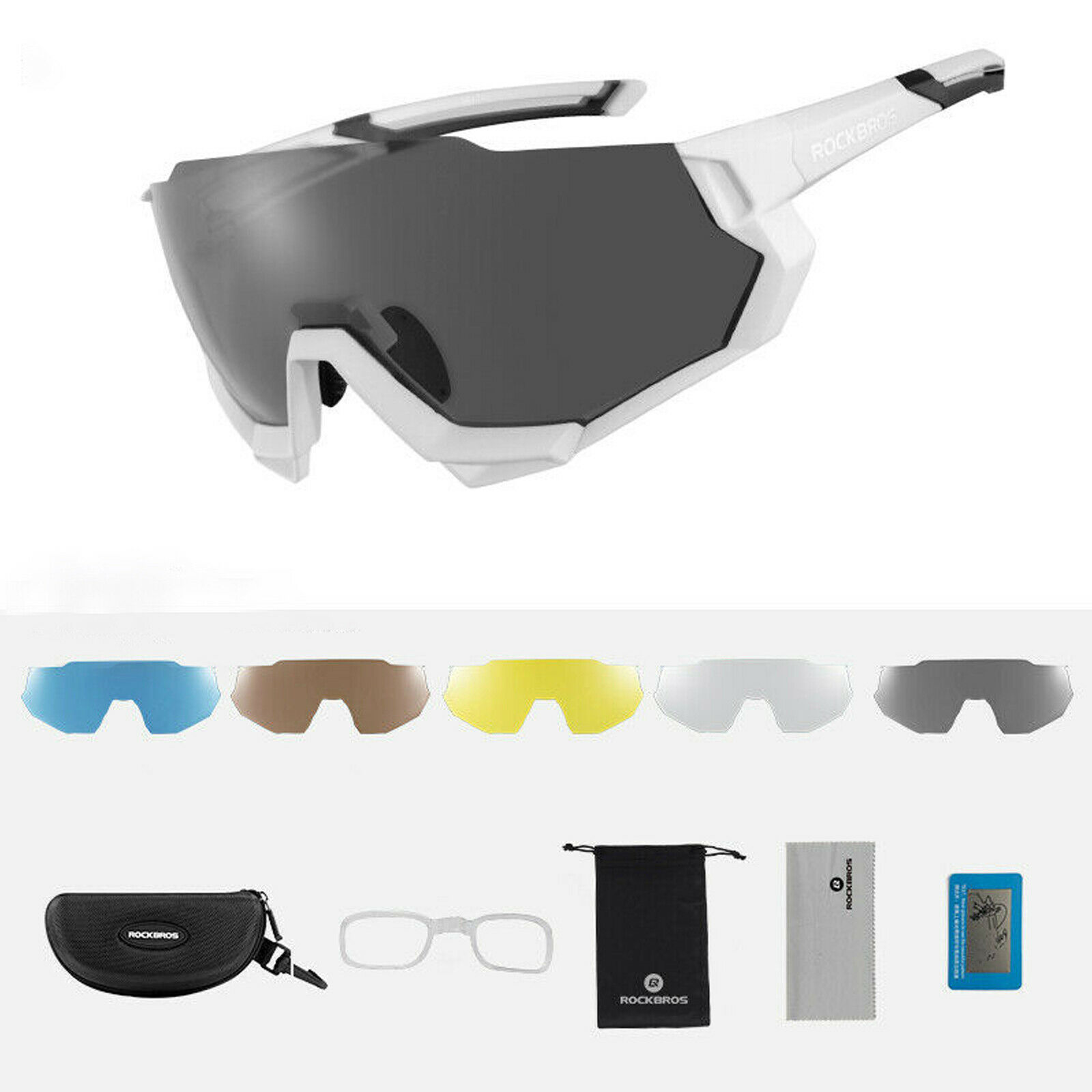 Rockbros CYCLING SPORTS GLASSES Polarized with 5 Interchangeable Lenses - WHITE