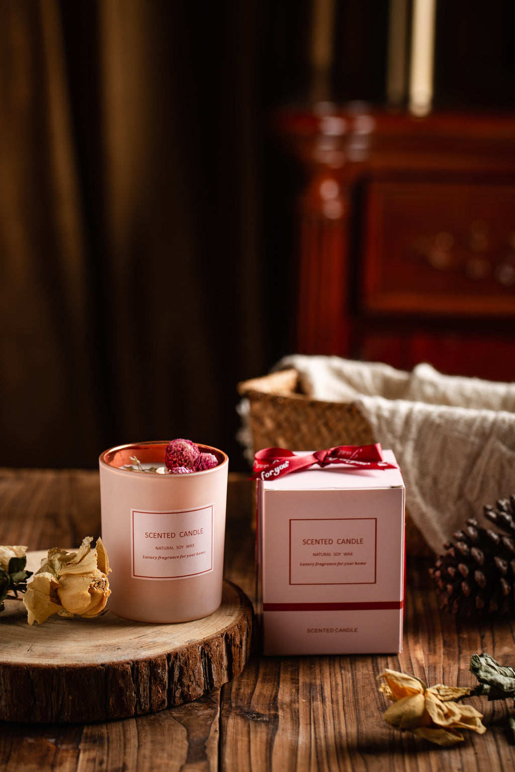 Rose SCENTED CANDLE Natural Soy Wax | Dried Flower Candle w/ Gift Box