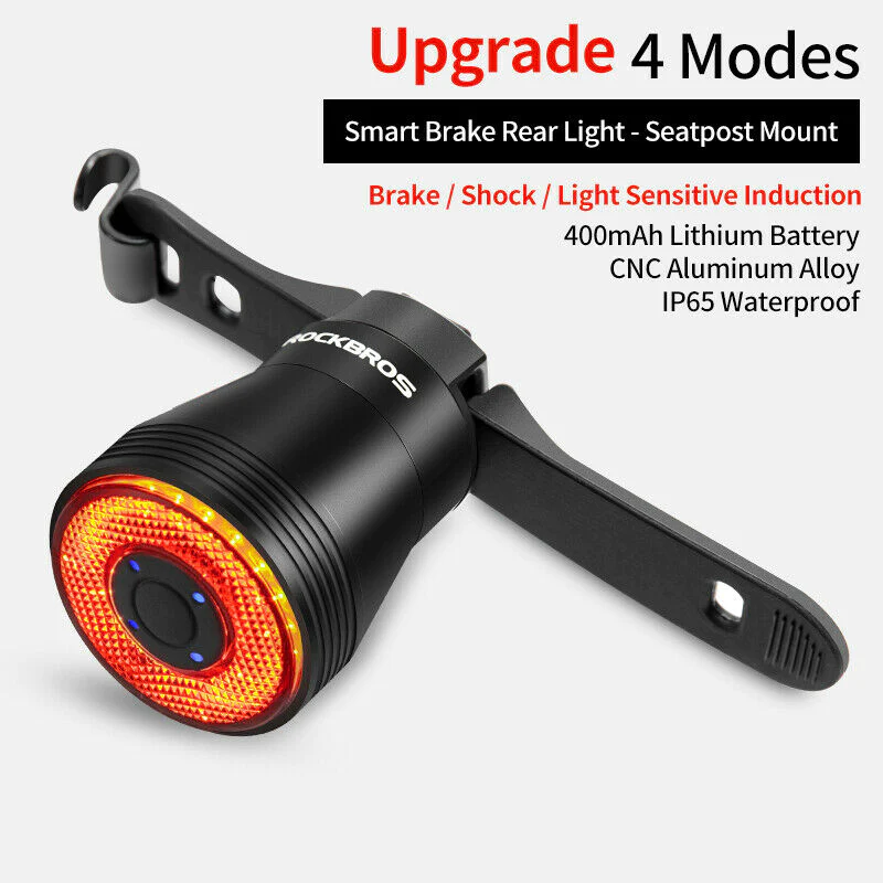 Rockbros - BICYCLE SMART BRAKE & TAIL LED LIGHT USB Rechargeable Waterproof - SADDLE AND SEATPOST MOUNT