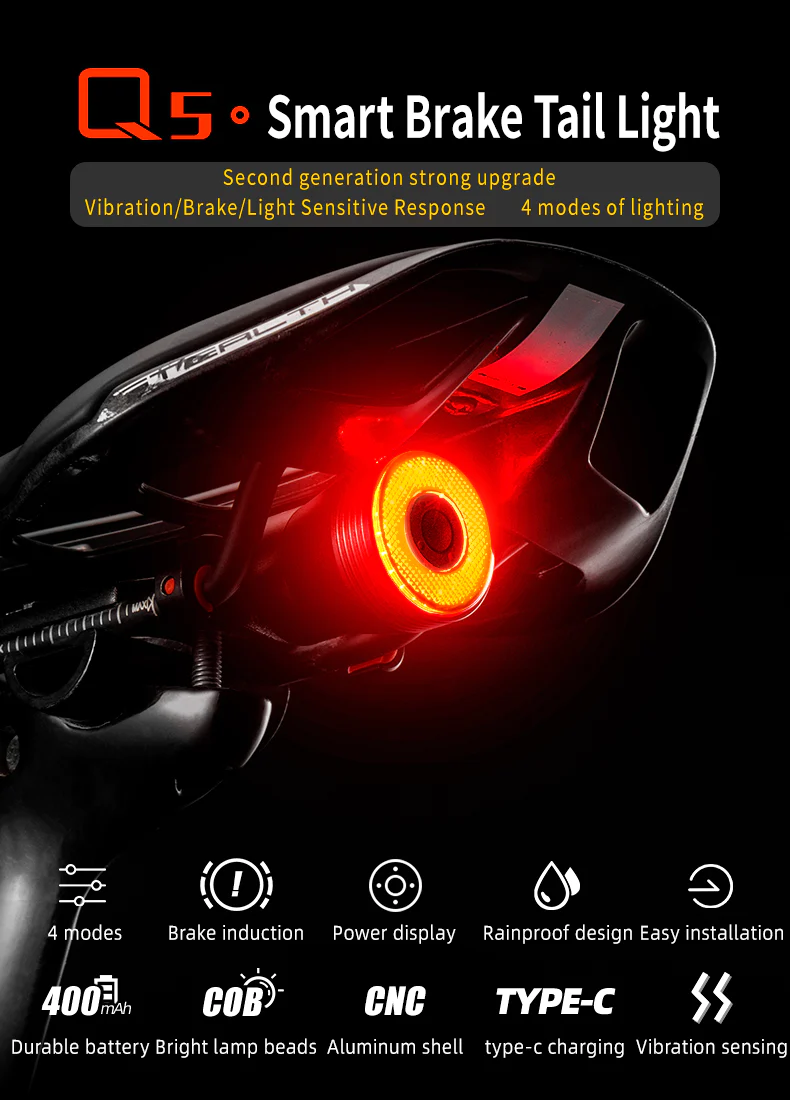 Rockbros BICYCLE Smart BRAKE & TAIL LED LIGHT-  USB Rechargeable & Waterproof - SADDLE MOUNT