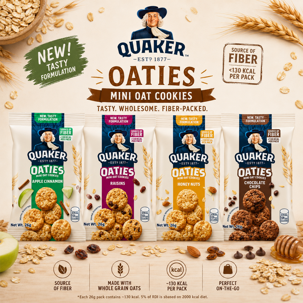 Quaker Oaties Mini Oat Cookies – Crunchy & Delicious Oatmeal Snack | Chocolate, Raisins, Apple Cinnamon & Honey Nuts
