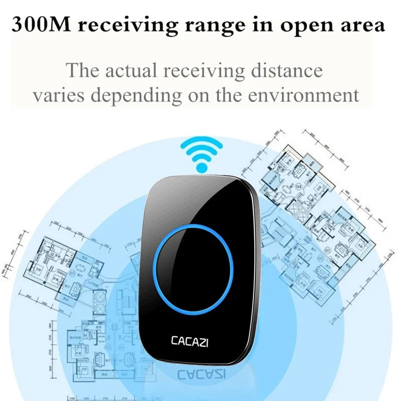 CACAZI Wireless Doorbell Waterproof - Black (1 Button / 2 Receiver)