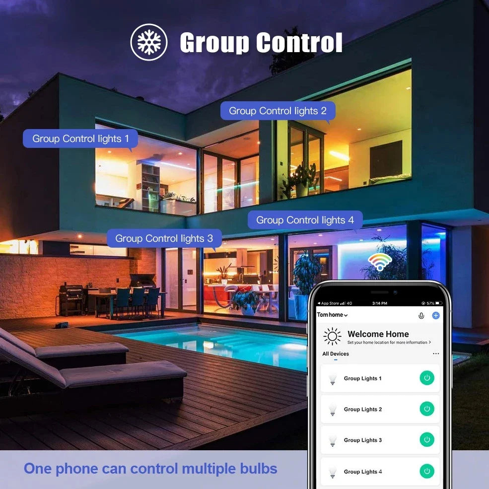 Tuya Bluetooth 5.0 Smart Light Bulb 9W E27 Wireless Smart Life APP Control Dimming RGB+CW+WW LED Color Changing Light Support Bluetooth Remote Control