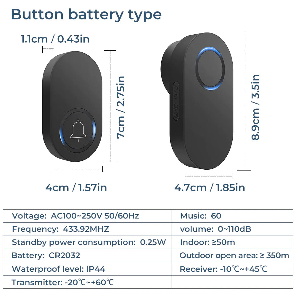 Smartrul Self-Powered Wireless Model Doorbell - BLACK (2 Button / 2 Receiver)