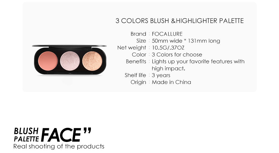 Focallure 3 Color Blusher & Highlighter Palette - 3# - FA26 - Water and Smudge Proof