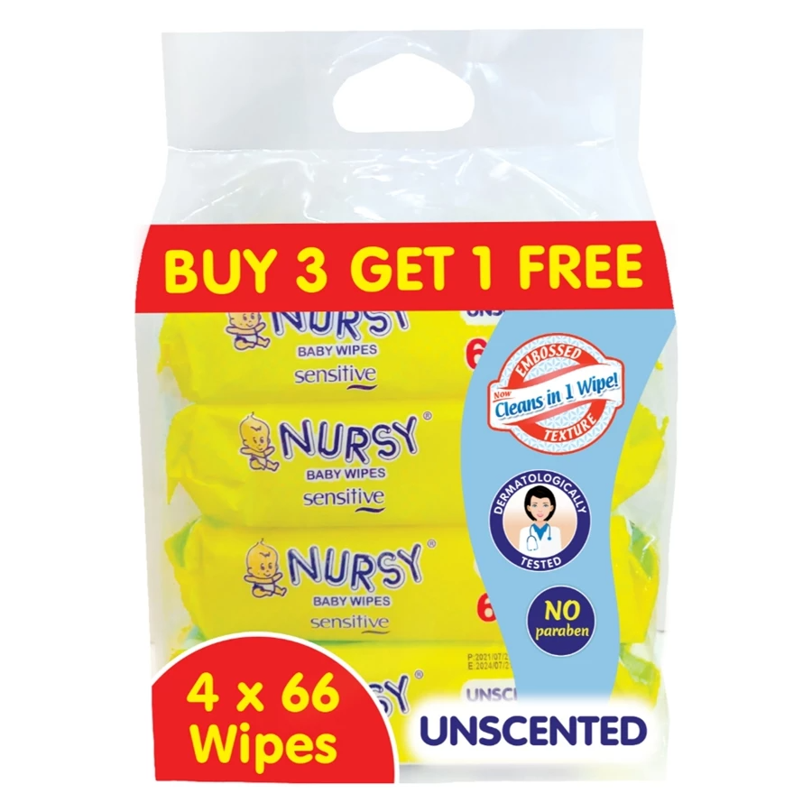 BUNDLE OF 2 or 6 - Nursy Baby Wipes Unscented Scent 4 pcs x 66 wipes