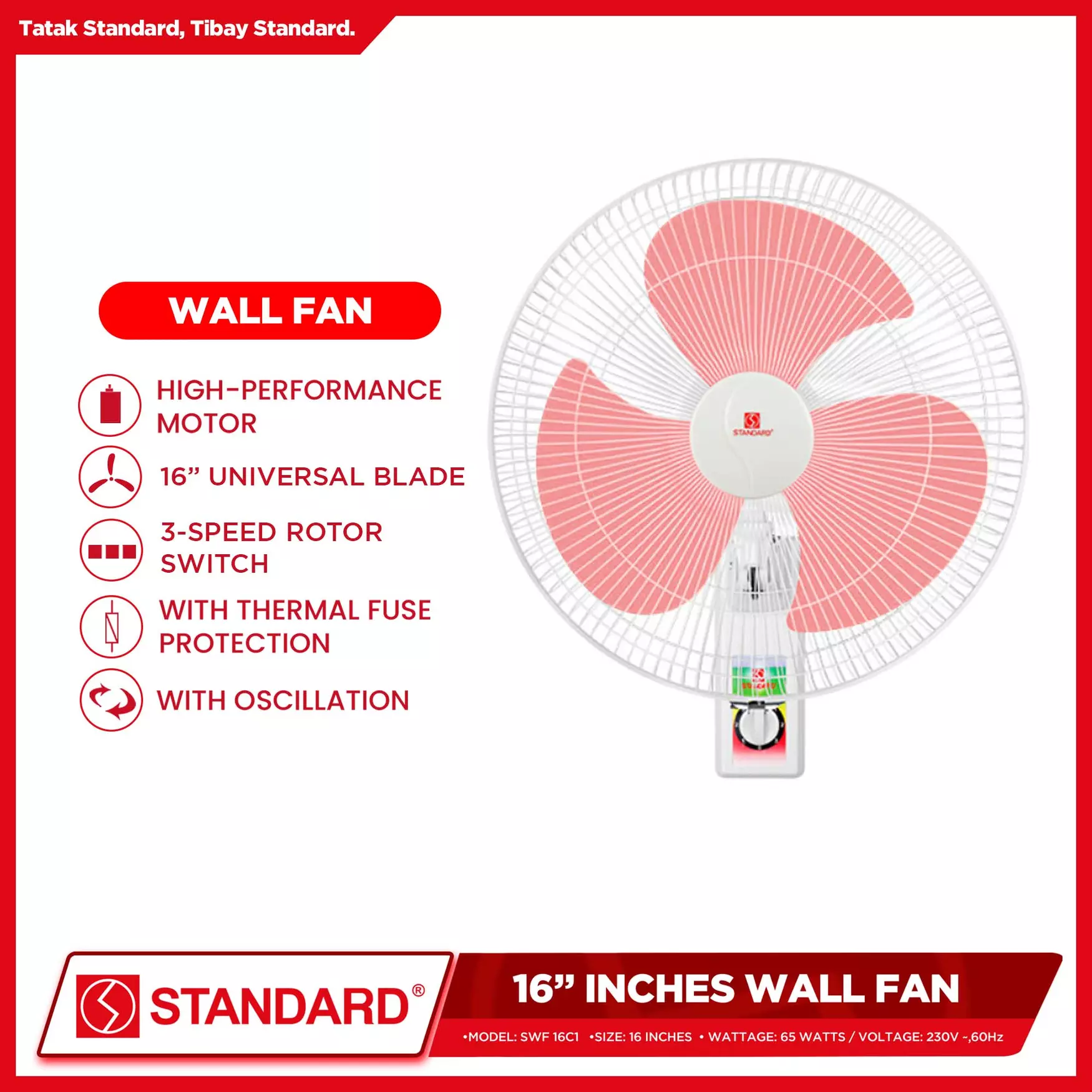 STANDARD ELECTRIC FAN 16" Wall Fan Plastic Blade - Red