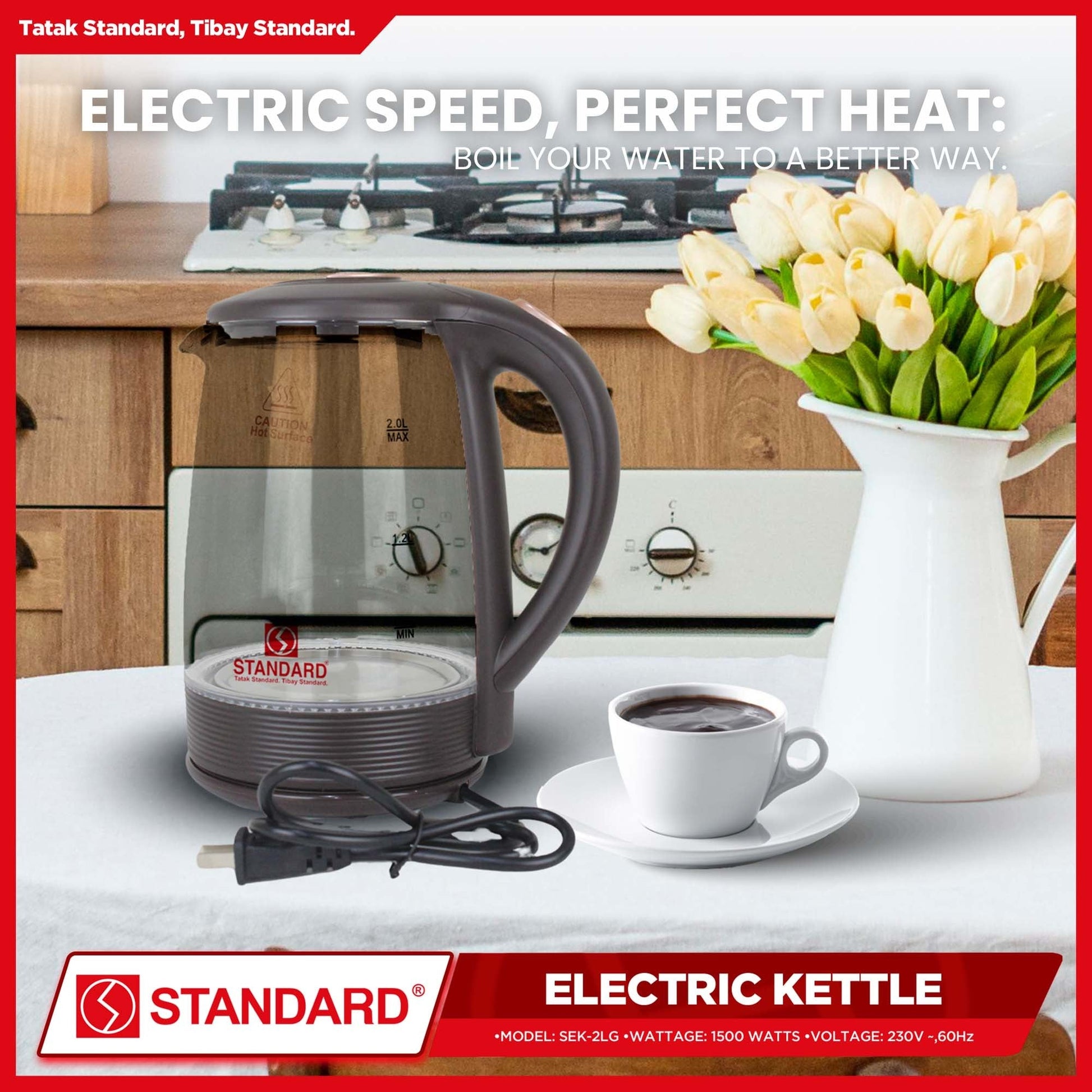 STANDARD ELECTRIC KETTLE 2L 1500W - GLASS