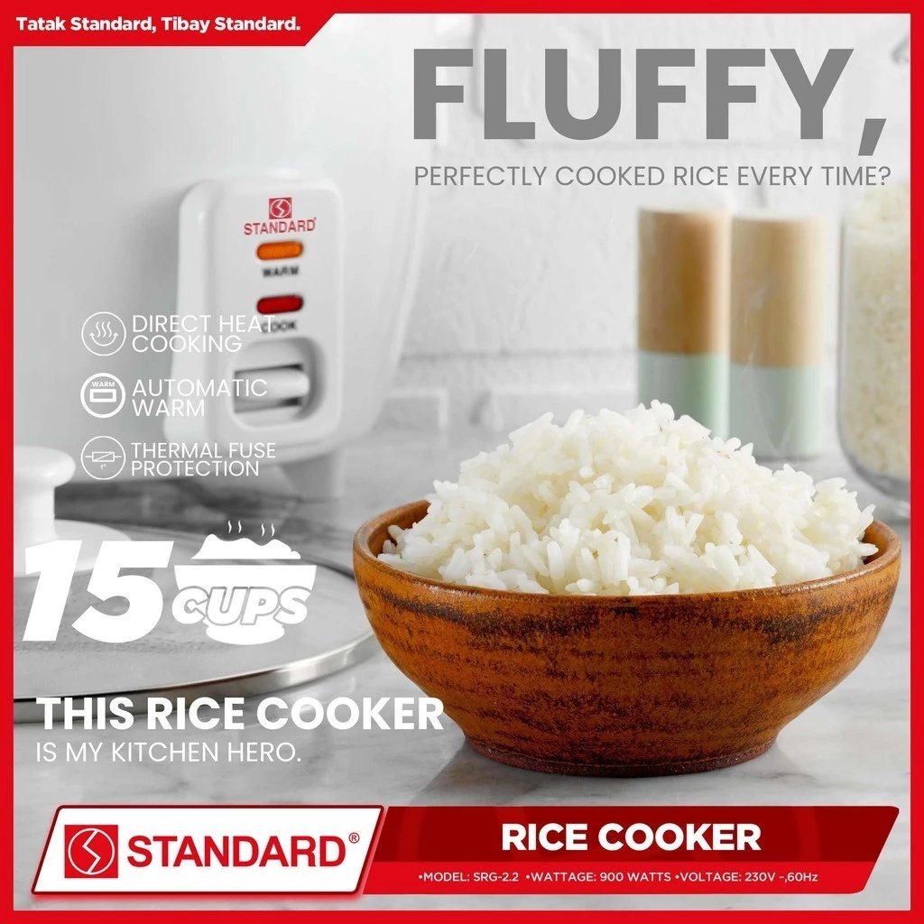 STANDARD RICE COOKER 900W - 2.2L Plain White 15 Cups