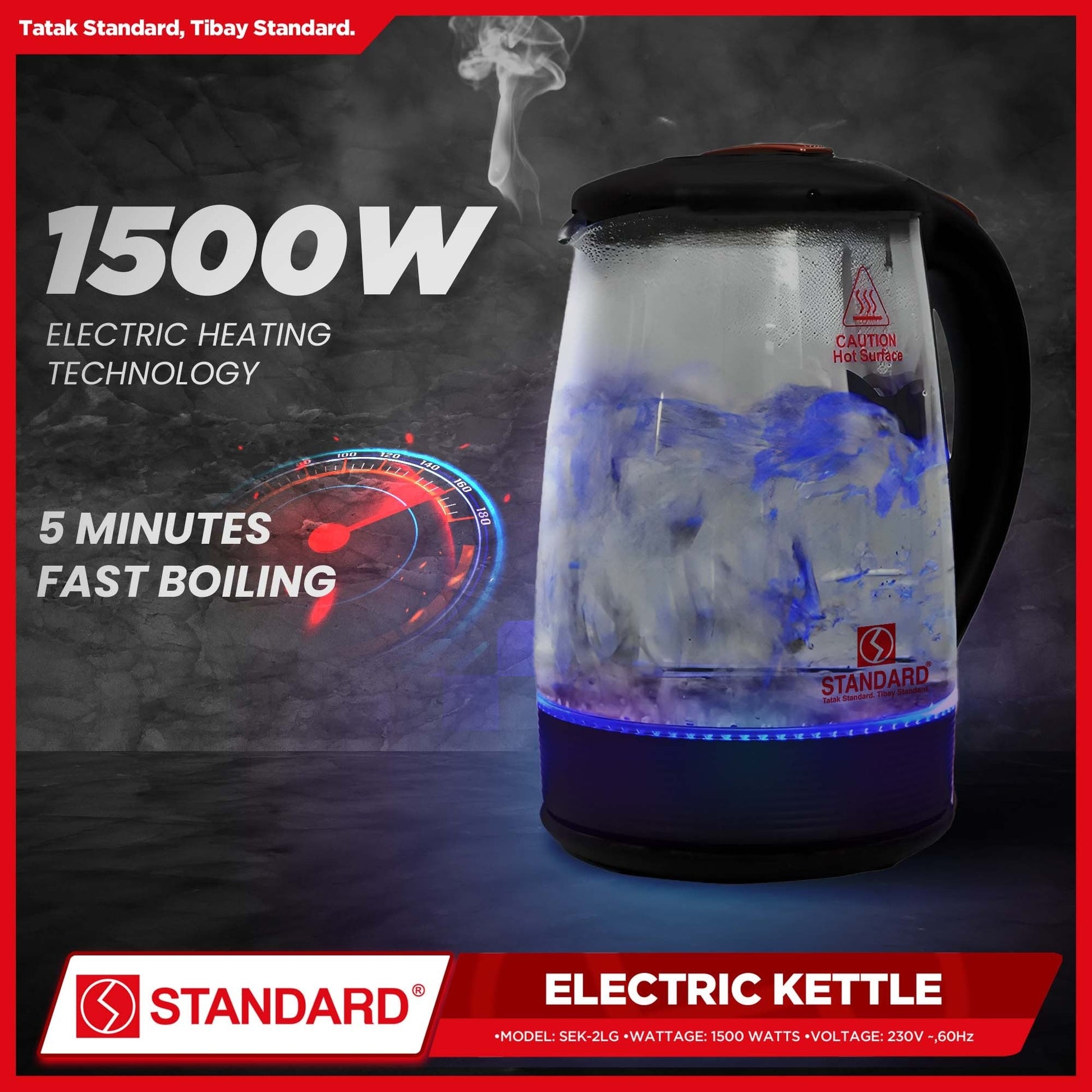 STANDARD ELECTRIC KETTLE 2L 1500W - GLASS