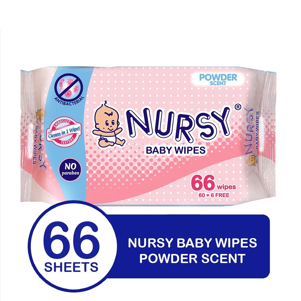 BUNDLE OF 2 or 6 -  Nursy Baby Wipes in Powder Scent 4 pcs x 66 wipes