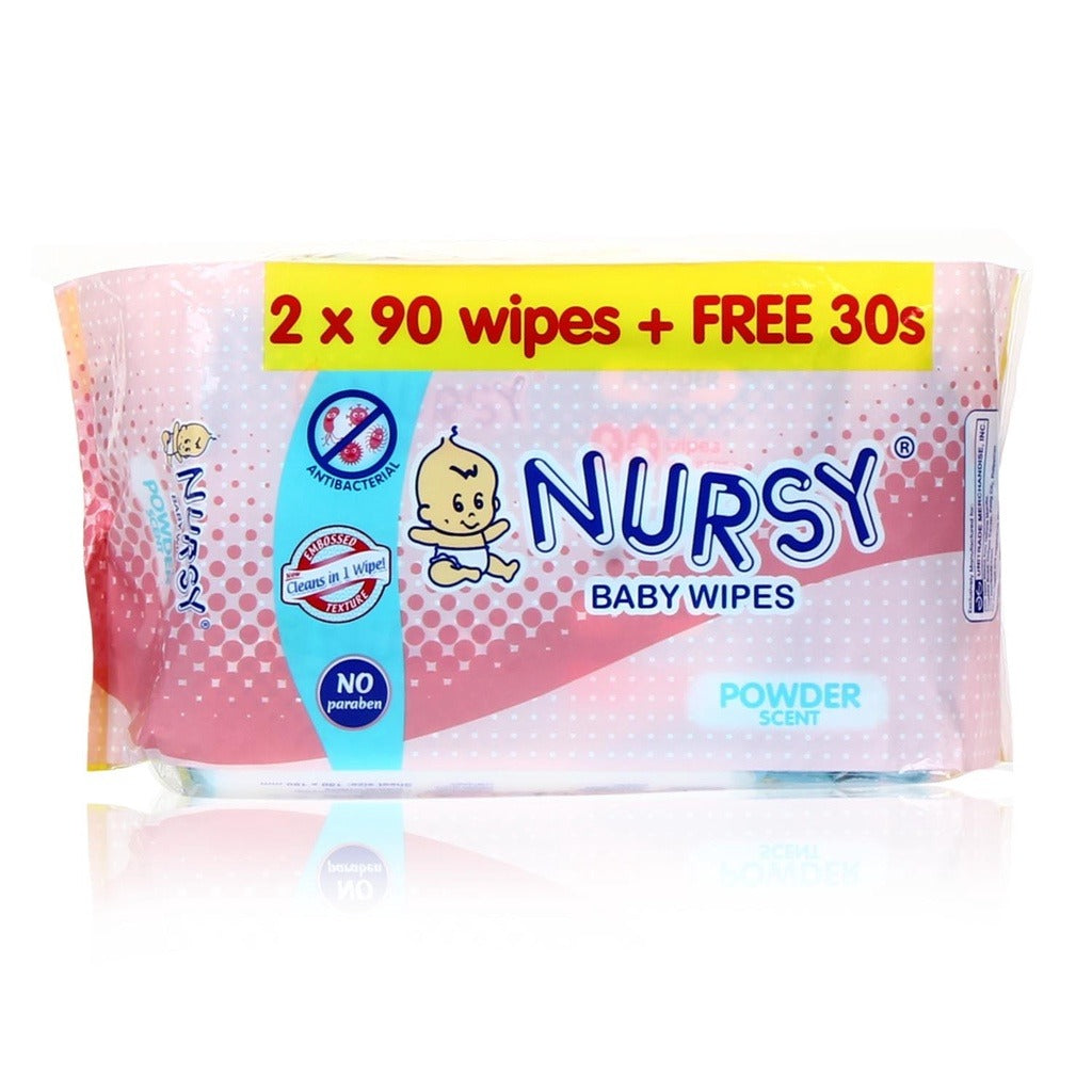 BUNDLE OF 2 or 12 - Nursy Powder Scent Wipes 2 pcs x 90 wipes + 30 wipes free (210 wipes)