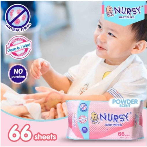 BUNDLE OF 2 or 6 -  Nursy Baby Wipes in Powder Scent 4 pcs x 66 wipes