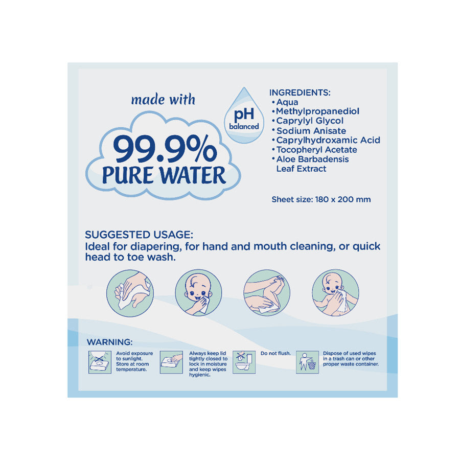 BUNDLE OF 6 - EQ BABY WIPES 99.9% PURE WATER 90 wipes