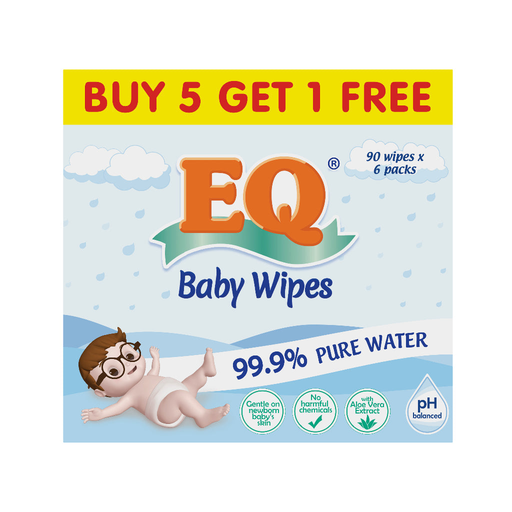 BUNDLE OF 6 - EQ BABY WIPES 99.9% PURE WATER 90 wipes