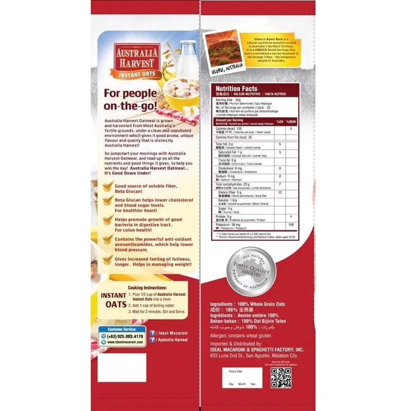 Australia Harvest Instant Oats 1kg x 15 packs - 1 case