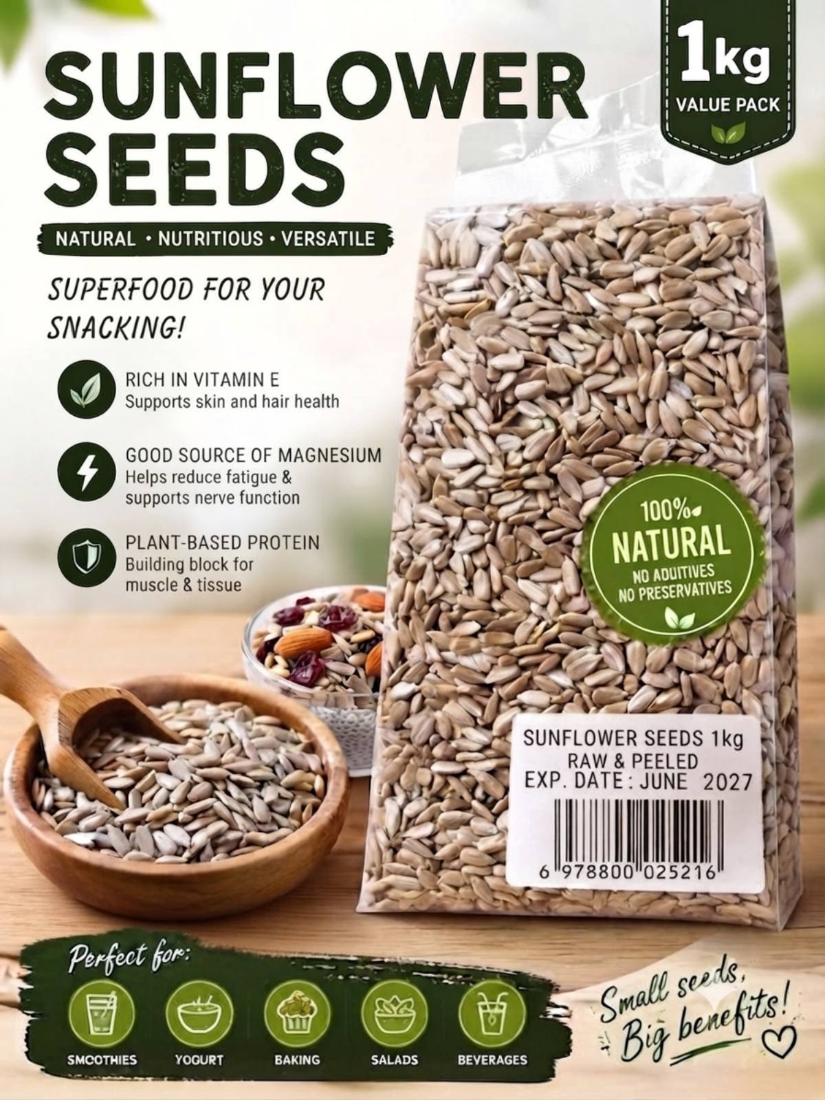 Segoi SUNFLOWER SEEDS 1kg - Sugar-free and Healthy - (Exp. Date June 2027)